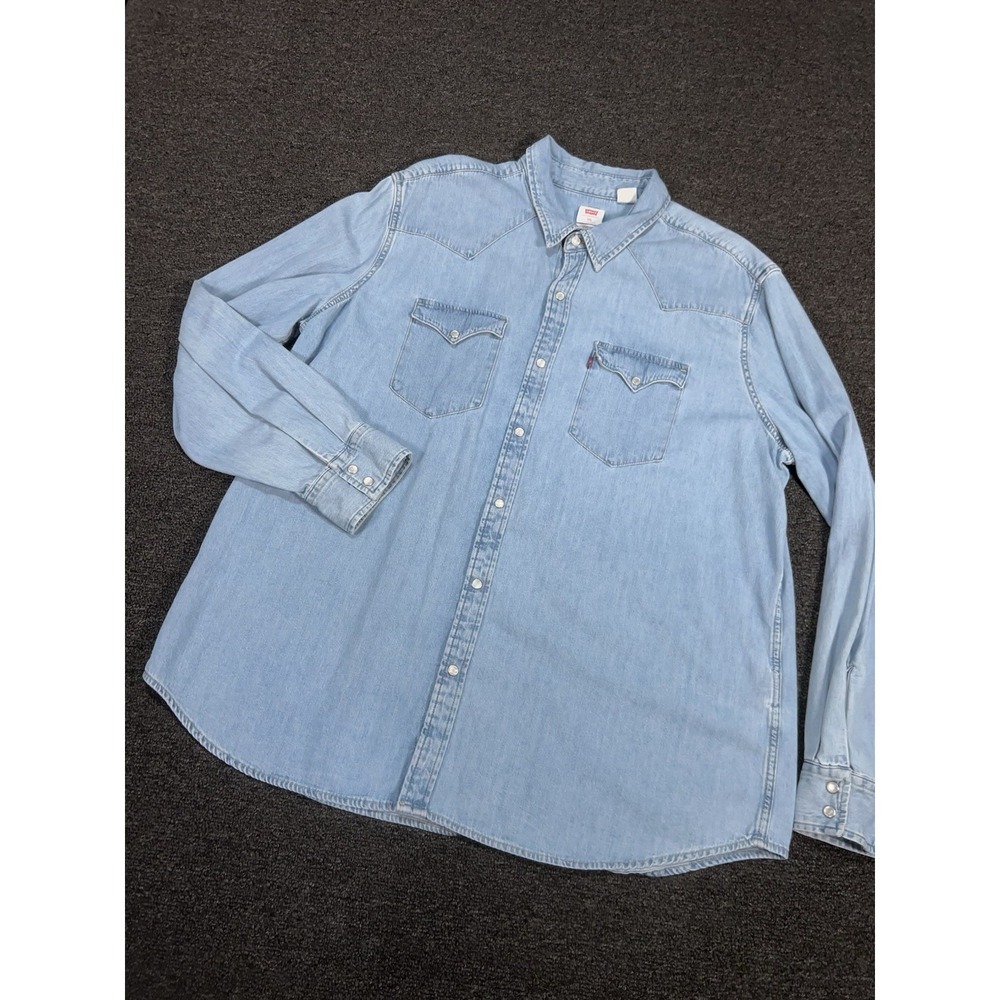 Levi's Denim Pearl Snap Shirt‎ Men's 2XL Blue Pockets Western Cowboy Rodeo